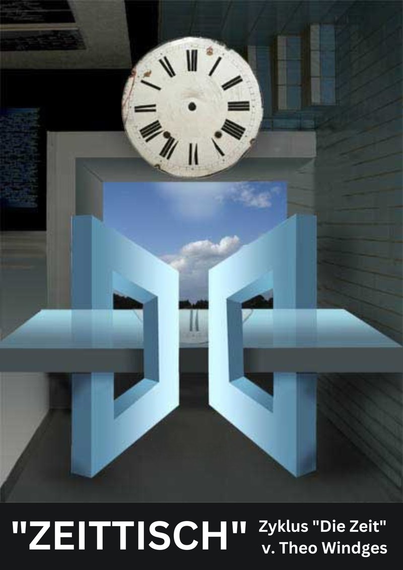 Kunstwerk ZEITTISCH von Theo Windges: ein surrealer Tisch aus Uhrenteilen unter einem alten Zifferblatt